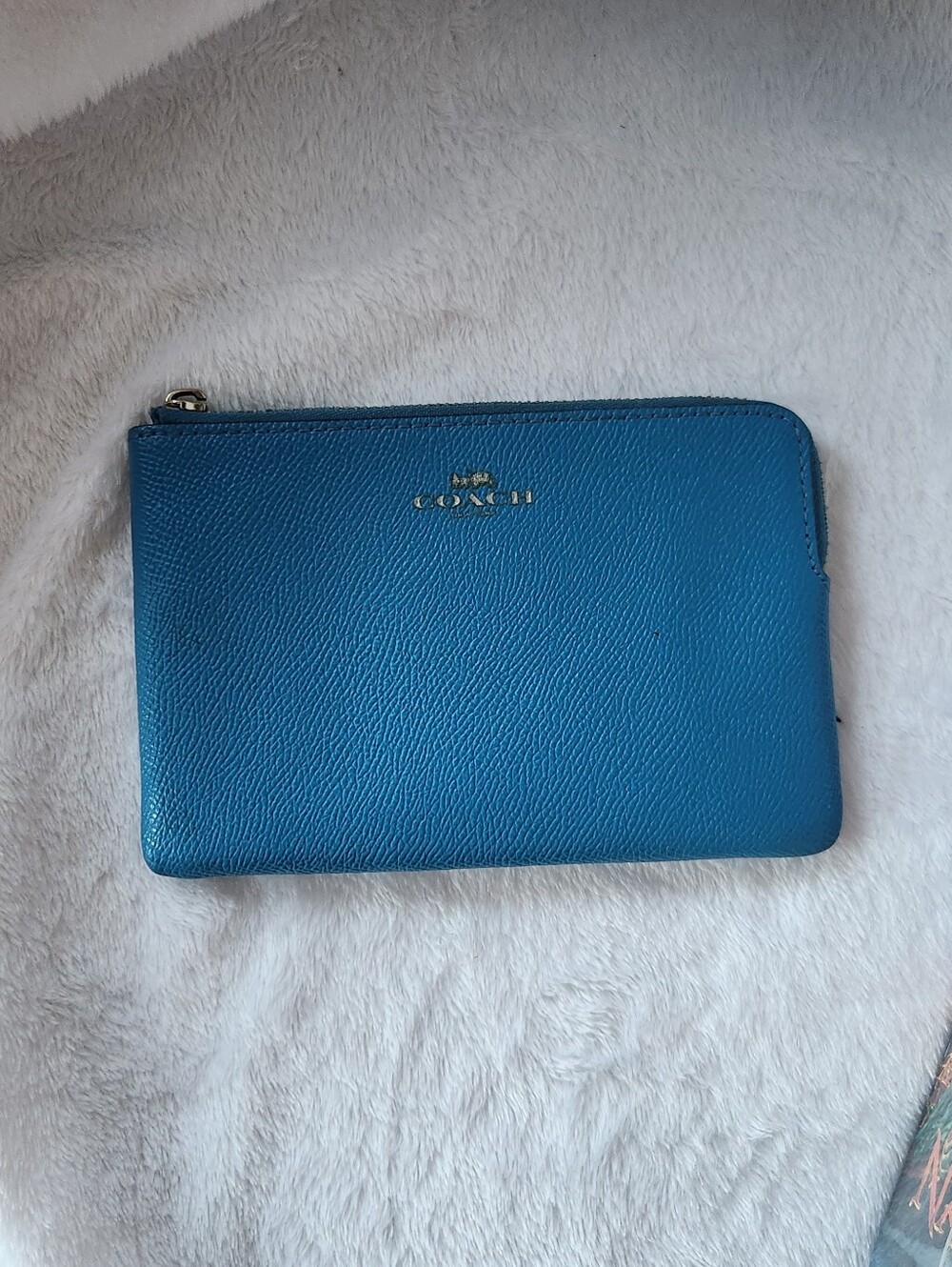 Coach Teal-Blue Leather Zip Wallet with Gold Logo